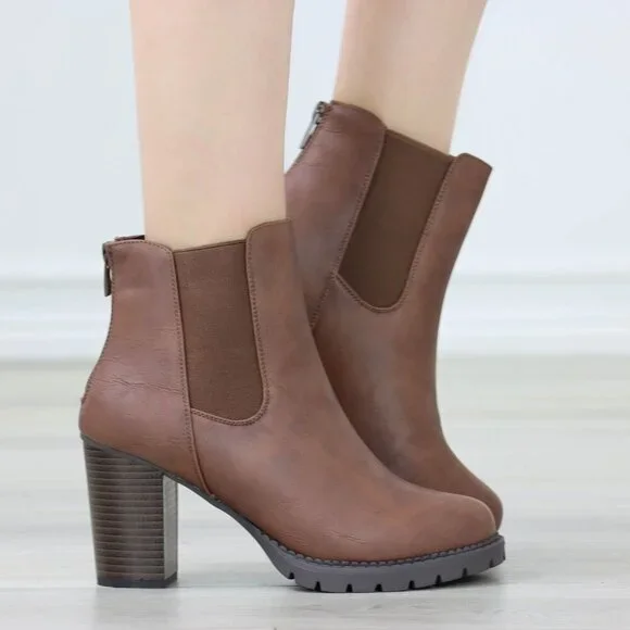 Womens Ankle Boots Lug Block Heel Brown Synthetic Leather Round Toe Elastic Gore - Picture 9 of 11